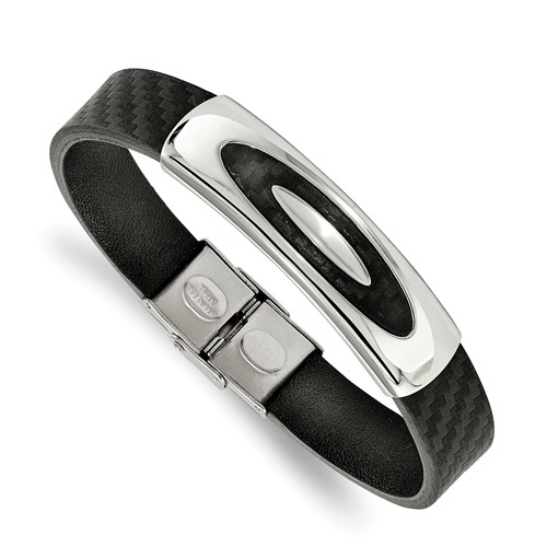 Stainless Steel Polished Black Leather Bracelet, 8"