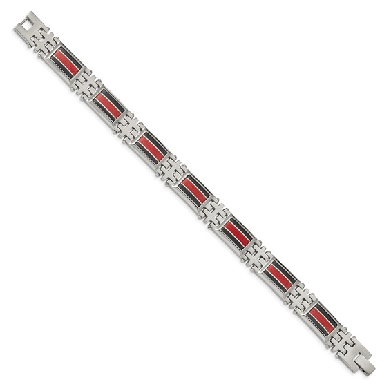 Chisel Stainless Steel Polished with Black Carbon Fiber and Red Fiberglass Inlay 9.25 inch Link Bracelet