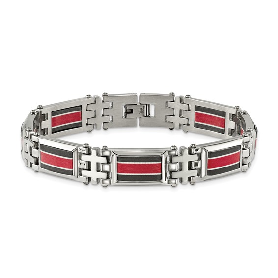 Chisel Stainless Steel Polished with Black Carbon Fiber and Red Fiberglass Inlay 9.25 inch Link Bracelet
