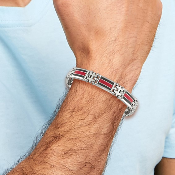 Chisel Stainless Steel Polished with Black Carbon Fiber and Red Fiberglass Inlay 9.25 inch Link Bracelet