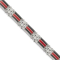 Chisel Stainless Steel Polished Bracelet with Black Carbon Fiber and Red Fiberglass Inlay Link, 9.25" view 1