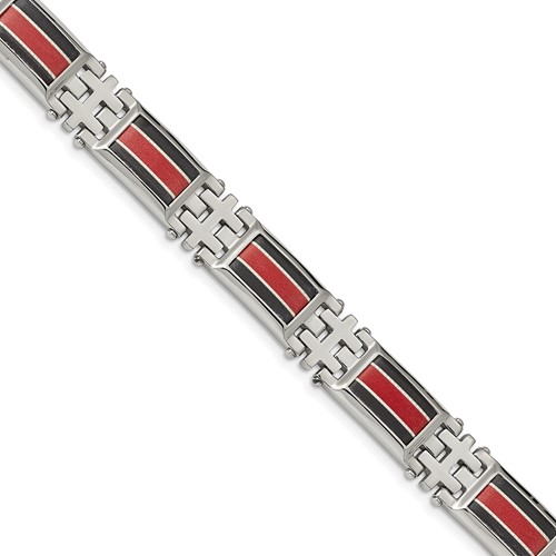 Chisel Stainless Steel Polished Bracelet with Black Carbon Fiber and Red Fiberglass Inlay Link, 9.25"