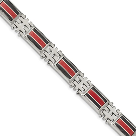 Chisel Stainless Steel Polished with Black Carbon Fiber and Red Fiberglass Inlay 9.25 inch Link Bracelet