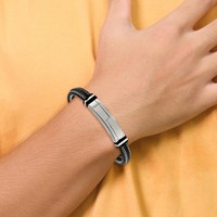 Chisel Stainless Steel Polished Braided Wire and Black Leather Bracelet with Rubber Adjustable 8.25 to ID, 8.75" view 2