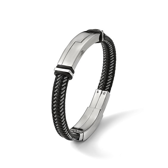 Chisel Stainless Steel Polished Braided Wire and Black Leather with Rubber Adjustable 8.25 to 8.75 inch ID Bracelet