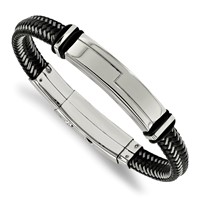 Chisel Stainless Steel Polished Braided Wire and Black Leather Bracelet with Rubber Adjustable 8.25 to ID, 8.75" view 1