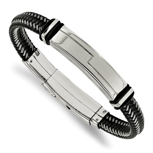 Chisel Stainless Steel Polished Braided Wire and Black Leather Bracelet with Rubber Adjustable 8.25 to ID, 8.75"