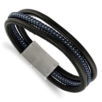 Chisel Stainless Steel Brushed Wire Multi Strand Black and Blue Braided Leather Bracelet - 8in view 1