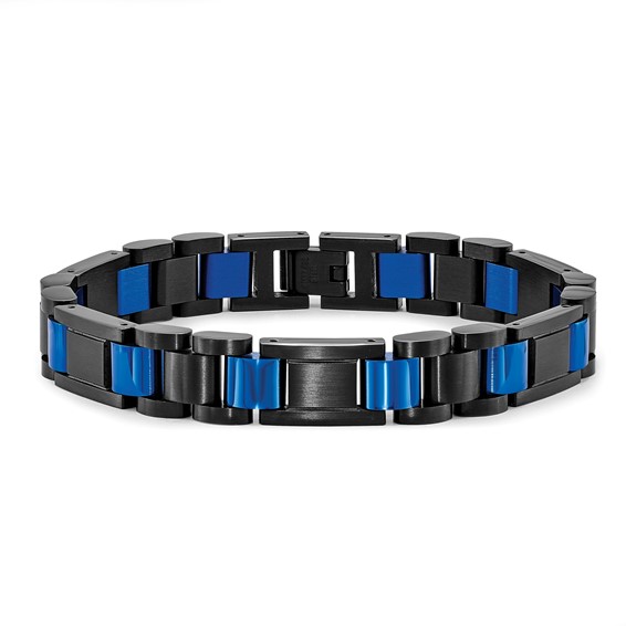 Chisel Stainless Steel Brushed and Polished Black and Blue IP-plated 8.75 inch Link Bracelet