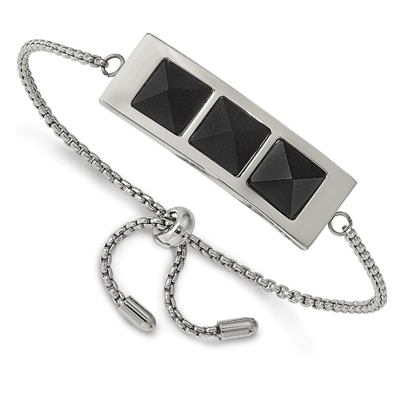 Stainless Steel Brushed and Polished w/Solid Blk Carbon Fiber Adj Bracelet