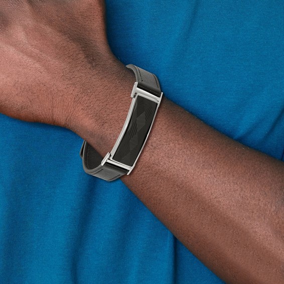 Chisel Stainless Steel Polished Black Leather with Black Carbon Fiber Inlay Adjustable 7 to 9.25 inch Bracelet