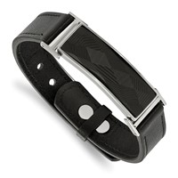 Chisel Stainless Steel Polished Black Leather Bracelet with Black Carbon Fiber Inlay Adjustable 7 to, 9.25" view 1