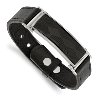 Chisel Stainless Steel Polished Black Leather with Black Carbon Fiber Inlay Adjustable 7 to 9.25 inch Bracelet