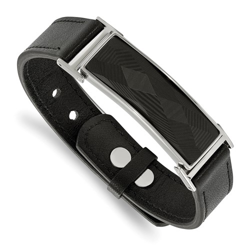 Chisel Stainless Steel Polished Black Leather Bracelet with Black Carbon Fiber Inlay Adjustable 7 to, 9.25"