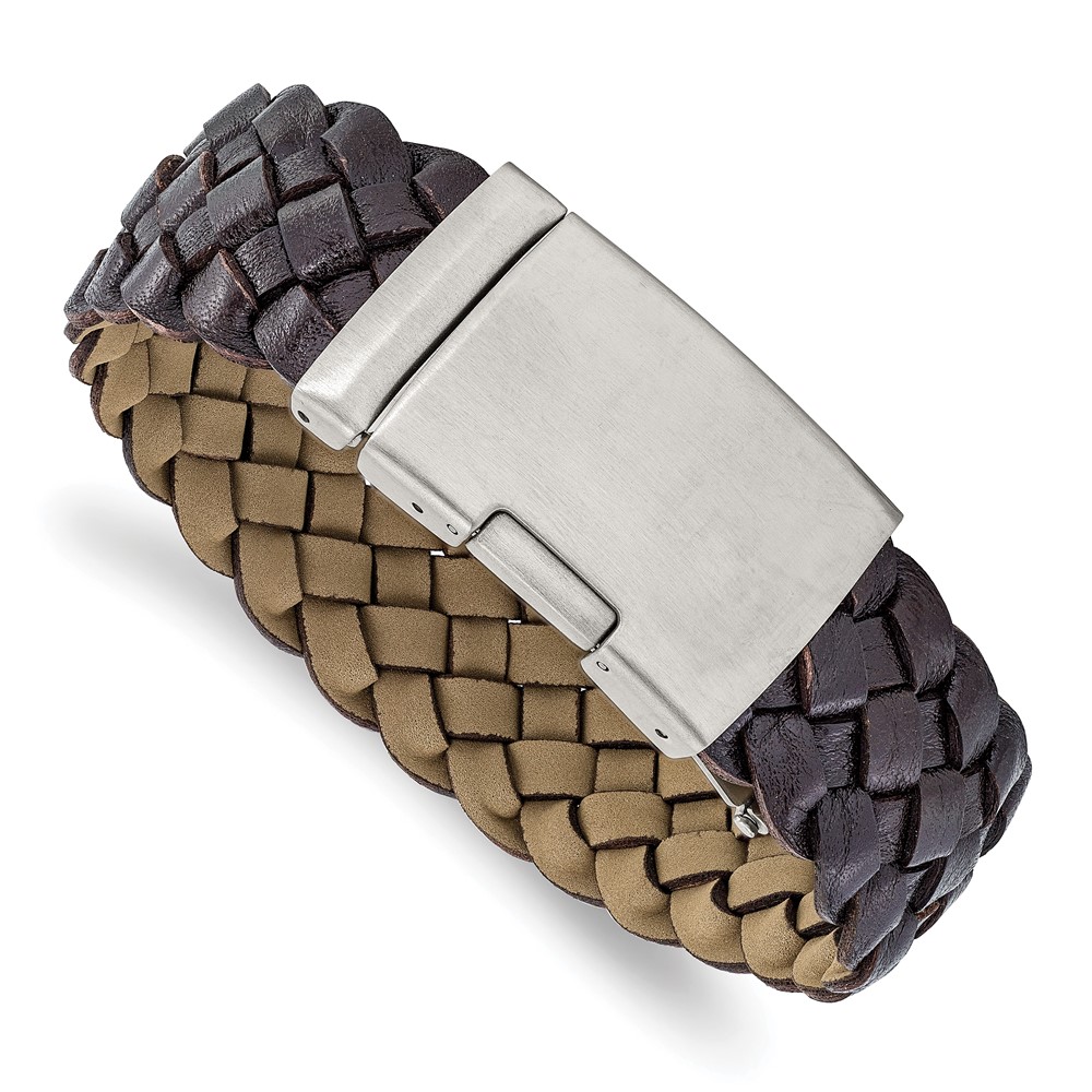 Stainless Steel Brushed Brown Leather 9in ID Bracelet