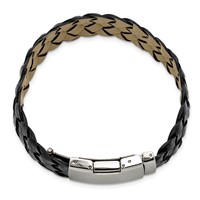 Stainless Steel Polished Black Leather 9in Bracelet view 5