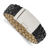 Stainless Steel Polished Black Leather 9in Bracelet view 1