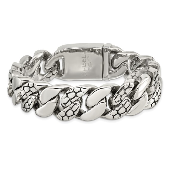 Chisel Stainless Steel Polished and Textured Snake Skin Design 8.5 inch Curb Bracelet