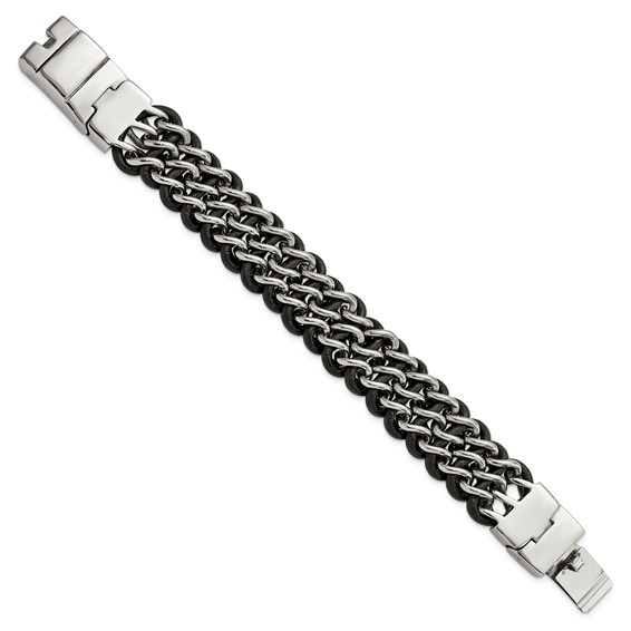 Chisel Stainless Steel Polished Black Leather 8.75 inch Bracelet