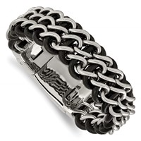 Chisel Stainless Steel Polished Black Leather Bracelet, 8.75" view 4