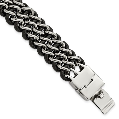 Chisel Stainless Steel Polished Black Leather Bracelet, 8.75"