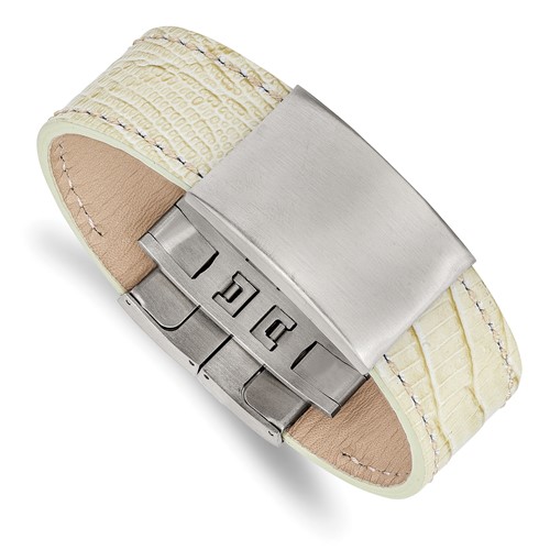 Stainless Steel Brushed White Leather ID Bracelet, 8.5"