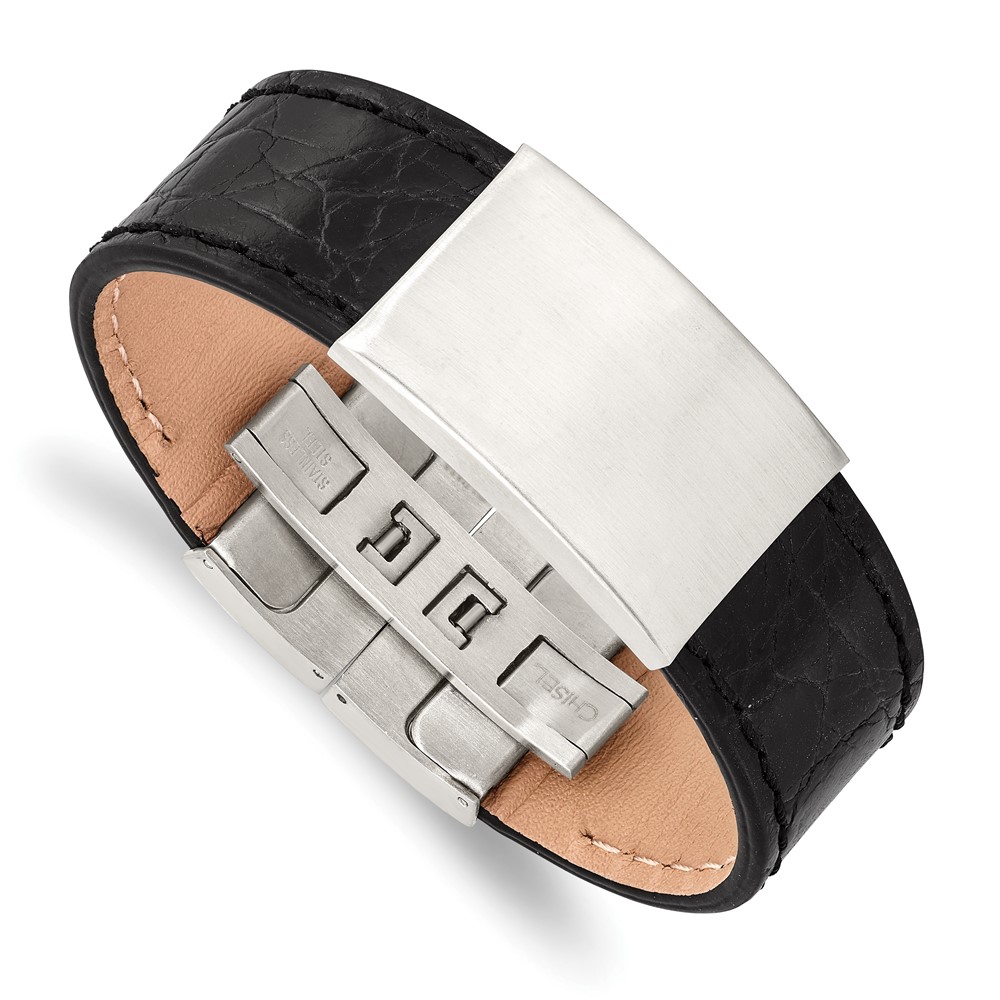 Stainless Steel Brushed Black Leather ID Bracelet, 8.5"