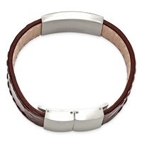 Stainless Steel Brushed Dark Brown Leather ID Bracelet, 8.5" view 3