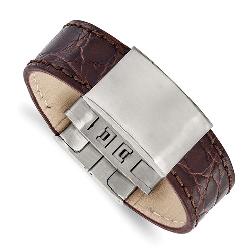 Stainless Steel Brushed Dark Brown Leather ID Bracelet, 8.5"