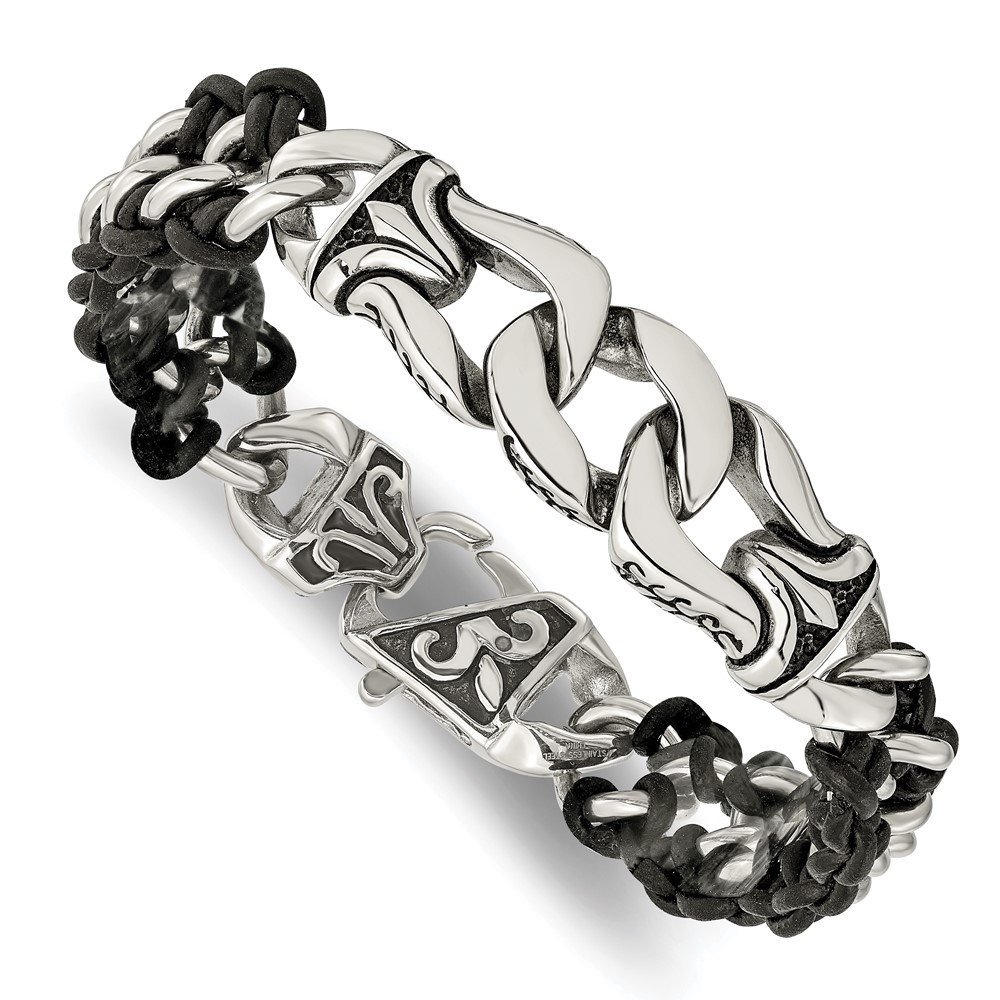 Stainless Steel Antiqued and Polished Black Leather 8.5in Bracelet