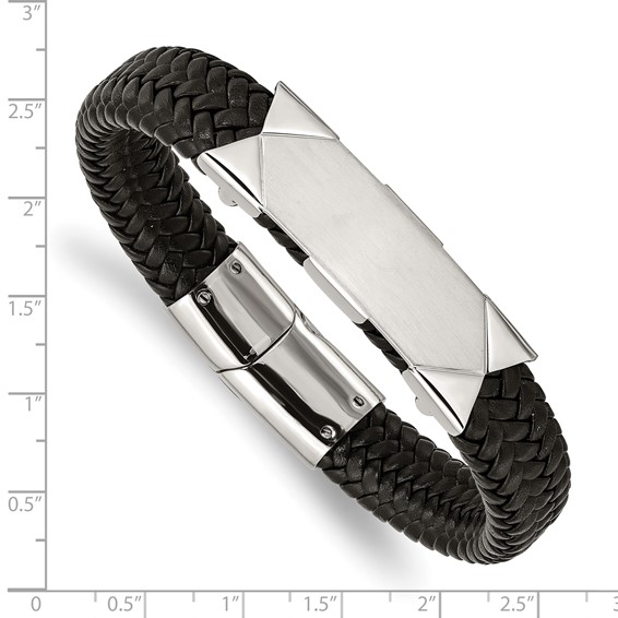 Chisel Stainless Steel Brushed and Polished Braided Black Leather 8.5 inch ID Bracelet