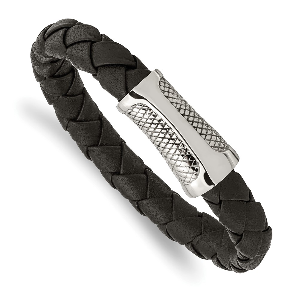 Stainless Steel Polished and Textured Black Leather 8.5in Bracelet