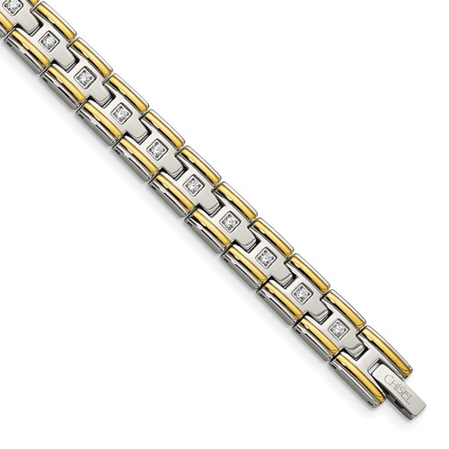 Chisel Stainless Steel Polished Yellow IP-plated Bracelet with CZ Link, 8.5"