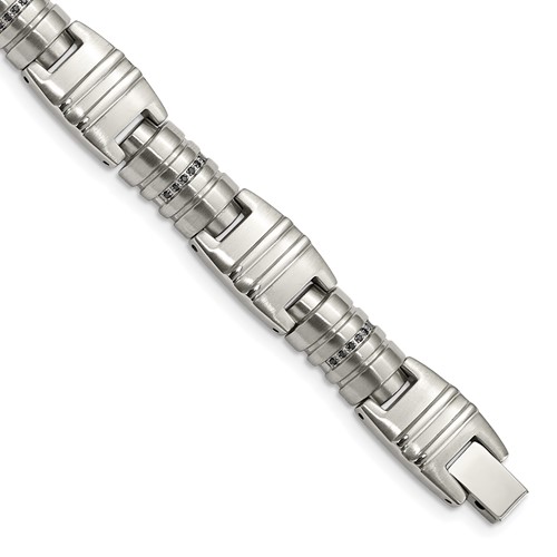 Chisel Stainless Steel Brushed and Polished Bracelet with Black CZ Fancy Link, 8.25"