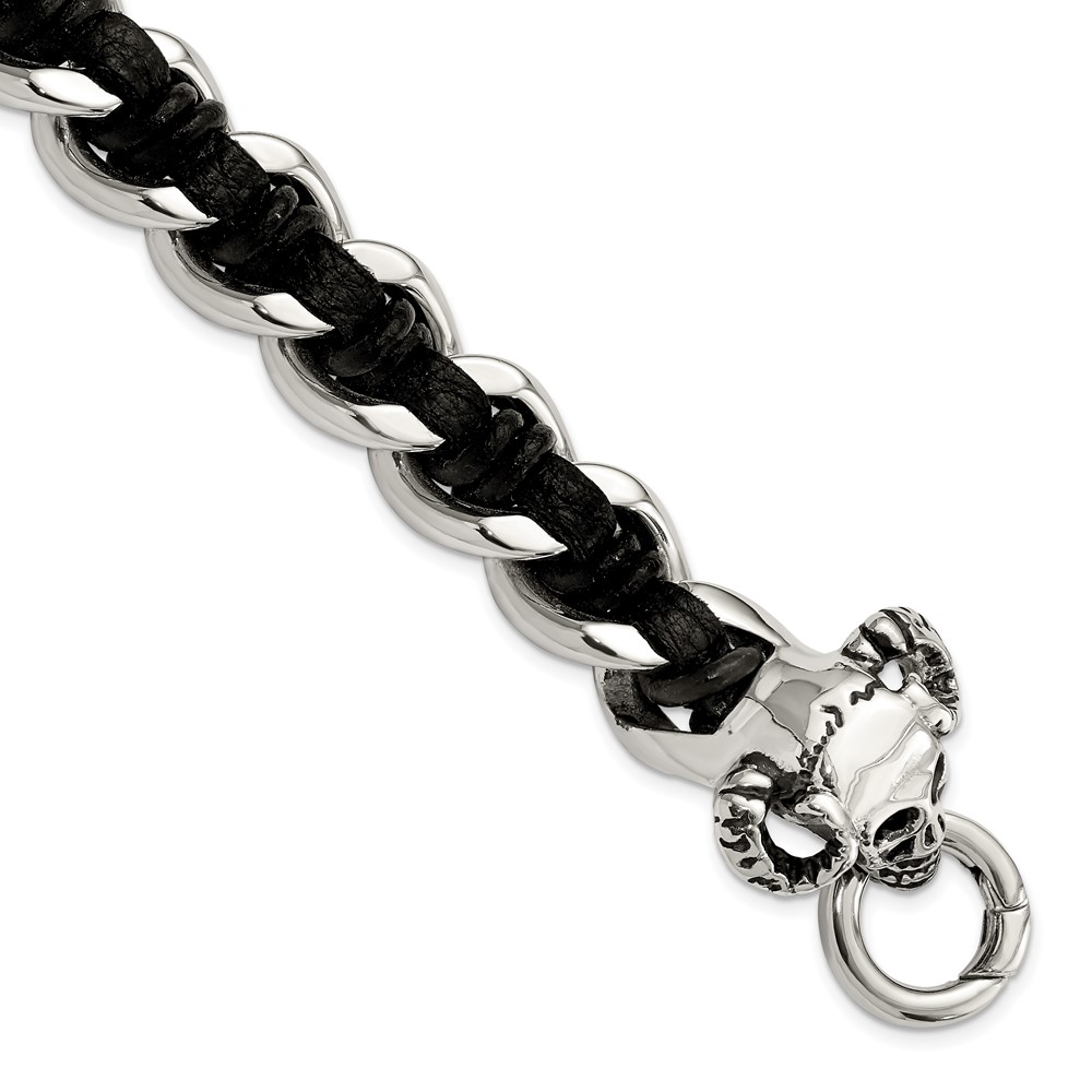Stainless Steel Antiqued and Polished Skull Black Leather 8.5in Bracelet