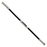 Chisel Stainless Steel Polished and Textured Black IP-plated Black Braided Leather Adjustable 7.5 and Bracelet, 8" view 3
