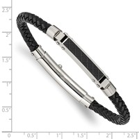 Chisel Stainless Steel Polished and Textured Black IP-plated Black Braided Leather Adjustable 7.5 and Bracelet, 8" view 4