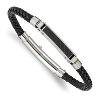 Chisel Stainless Steel Polished and Textured Black IP-plated Black Braided Leather Adjustable 7.5 and Bracelet, 8" view 1