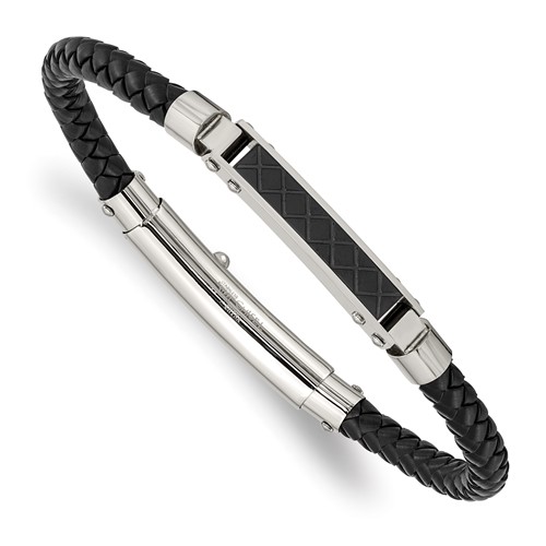 Chisel Stainless Steel Polished and Textured Black IP-plated Black Braided Leather Adjustable 7.5 and Bracelet, 8"