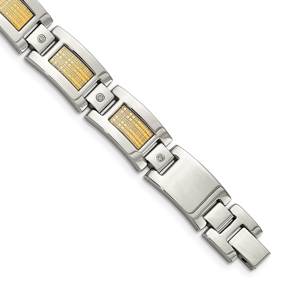 Stainless Steel Polished & Textured w/18k Inlay Diamond Link 9in Bracelet