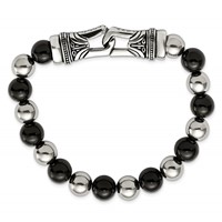 Chisel Stainless Steel Antiqued and Polished 10mm Black Agate Beaded Stretch Bracelet view 3