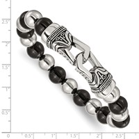 Chisel Stainless Steel Antiqued and Polished 10mm Black Agate Beaded Stretch Bracelet view 4