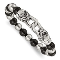 Chisel Stainless Steel Antiqued and Polished 10mm Black Agate Beaded Stretch Bracelet view 1