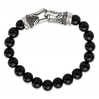 Chisel Stainless Steel Antiqued and Polished 10mm Black Agate Beaded Stretch Bracelet view 3