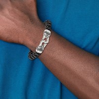Chisel Stainless Steel Antiqued and Polished 10mm Black Agate Beaded Stretch Bracelet view 5