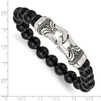 Chisel Stainless Steel Antiqued and Polished 10mm Black Agate Beaded Stretch Bracelet view 4