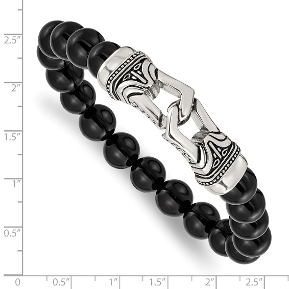 Chisel Stainless Steel Antiqued and Polished 10mm Black Agate Beaded Stretch Bracelet
