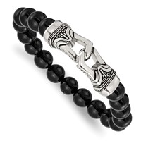 Chisel Stainless Steel Antiqued and Polished 10mm Black Agate Beaded Stretch Bracelet view 1