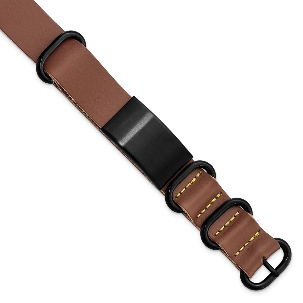 Stainless Steel Brushed Black IP-plated Brown Leather Adj. ID Bracelet