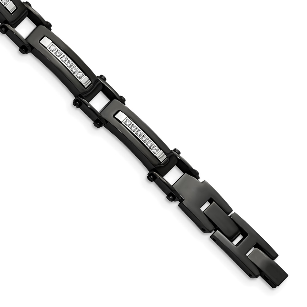 Stainless Steel Polished Black IP-plated with CZ 8.25in w/.5in ext. Bracele